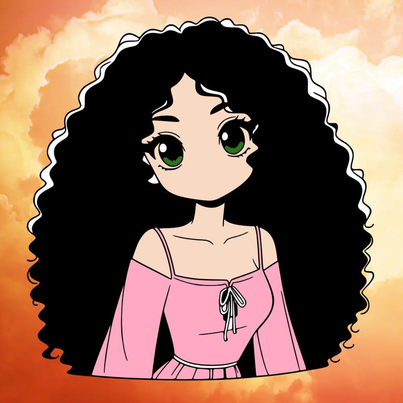 a black anime girl with long afro hair