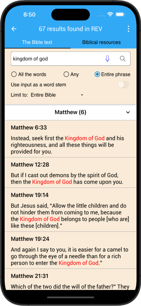 inWORD Bible - The search interface of inWORD Bible app displaying results for the query kingdom of god.