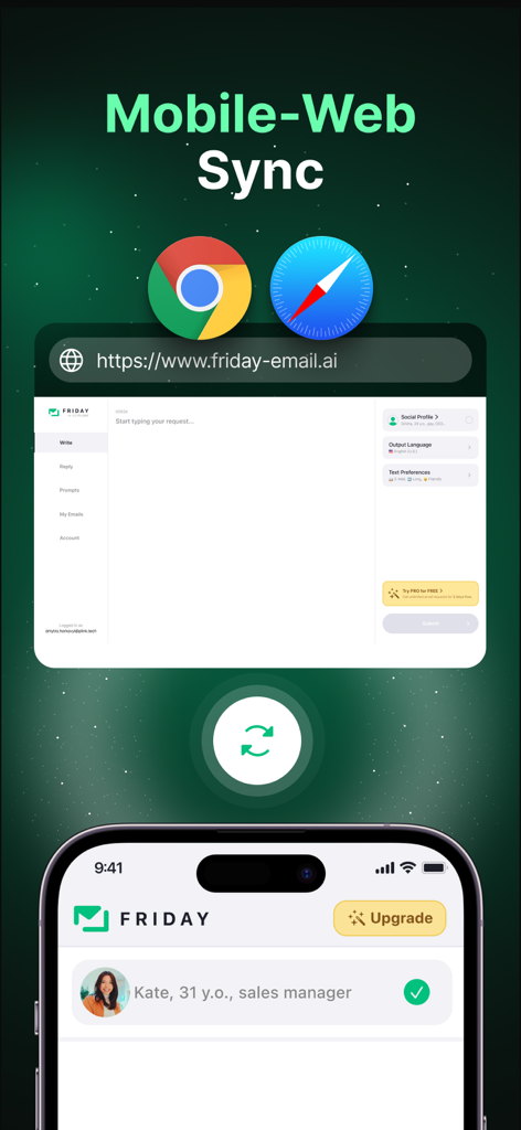 Interface de Friday AI Email Writer montrant la synchronisation entre un navigateur Web et l'application mobile