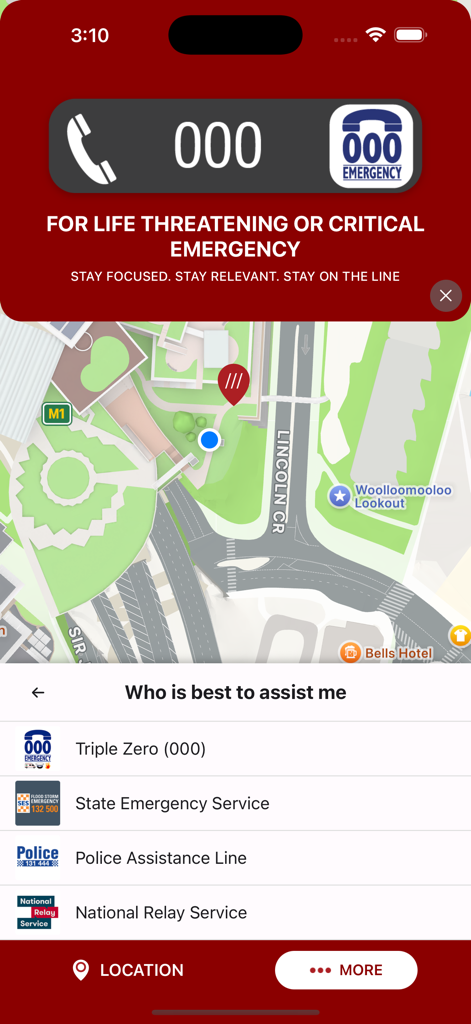 Emergency Plus - Screenshot of the Emergency Plus app interface displaying a 000 emergency call button, a map with location tracking, and links to local emergency services.