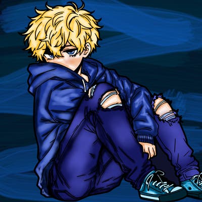 a male hoddie ripped jeans messy hair anime