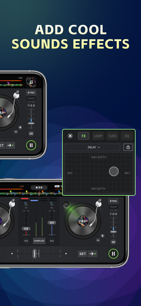 DJ-App-Oberfläche zeigt einen professionellen Mixer mit Fokus auf Soundeffekte und FX-Steuerung