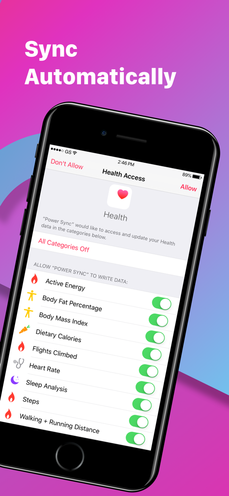 Interfaz de la aplicación Power Sync para Fitbit mostrando la pantalla de permisos de Apple Health para sincronizar automáticamente categorías de datos como ritmo cardíaco y pasos.
