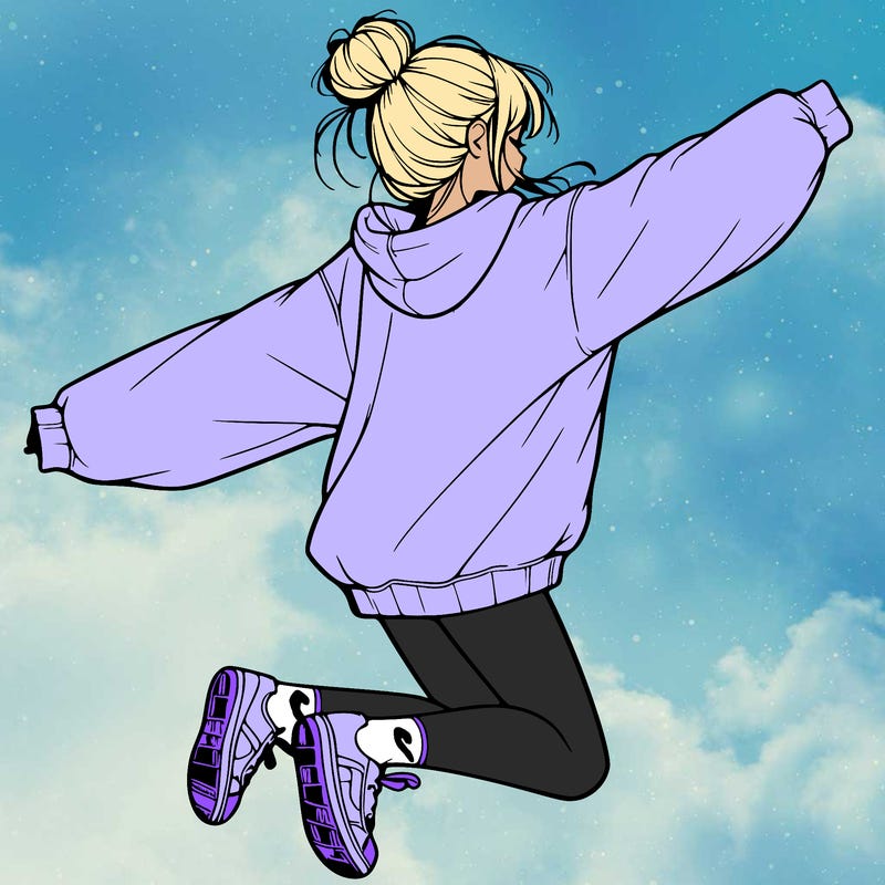 realistic girl jumping with a bun and oversized sweatshirt