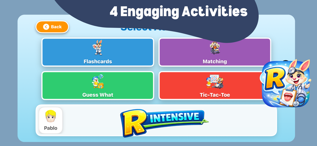 Selection screen showing four activities including Flashcards and Matching in the R Intensive Pro app