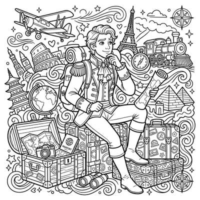 Join Prince Siegfried from Swan Lake on an unforgettable coloring adventure across the globe. This detailed page captures the excitement of travel, featuring iconic landmarks and charming travel motifs perfect for adults and teens.