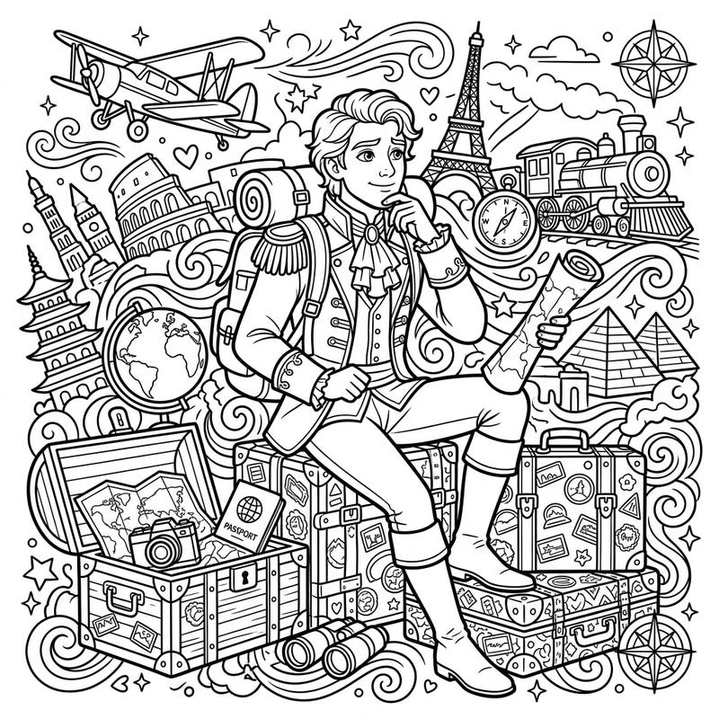 Join Prince Siegfried from Swan Lake on an unforgettable coloring adventure across the globe. This detailed page captures the excitement of travel, featuring iconic landmarks and charming travel motifs perfect for adults and teens.
