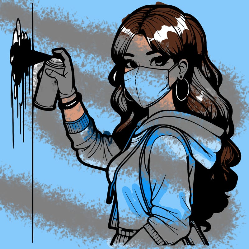 realistic girl with mask spray painting a wall