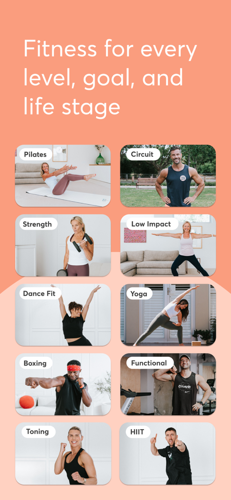 A grid of various fitness styles in the 28 by Sam Wood app including Pilates Yoga and HIIT for all levels