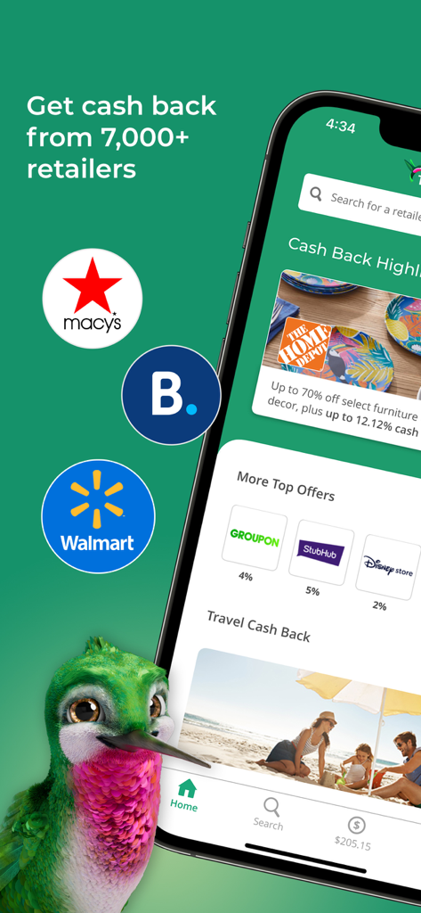 TopCashback app interface showing cashback offers from major retailers like Walmart, Macys, and Home Depot