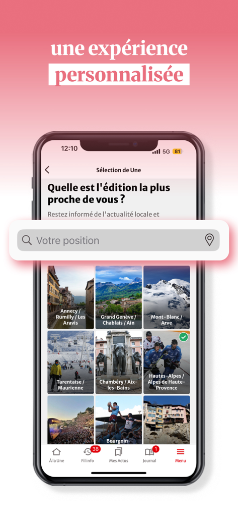 Le Dauphiné Libéré, actualités - Le Dauphine Libere app screen for selecting a personalized regional news edition
