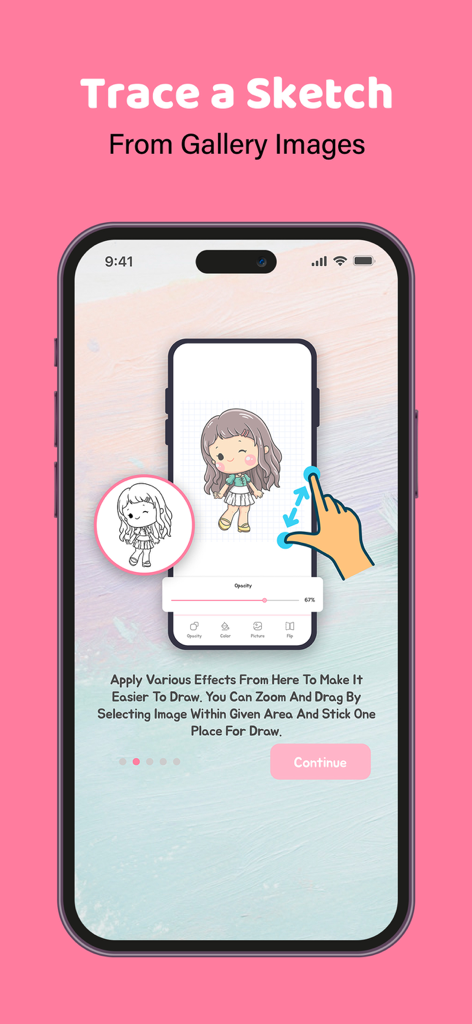 AR Drawing - Sketch Drawer - Trazando un personaje de anime de imágenes de la galería con controles de zoom y opacidad