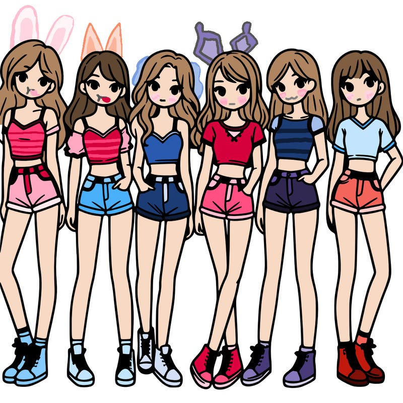 a group of girls wearing crop tops and shorts