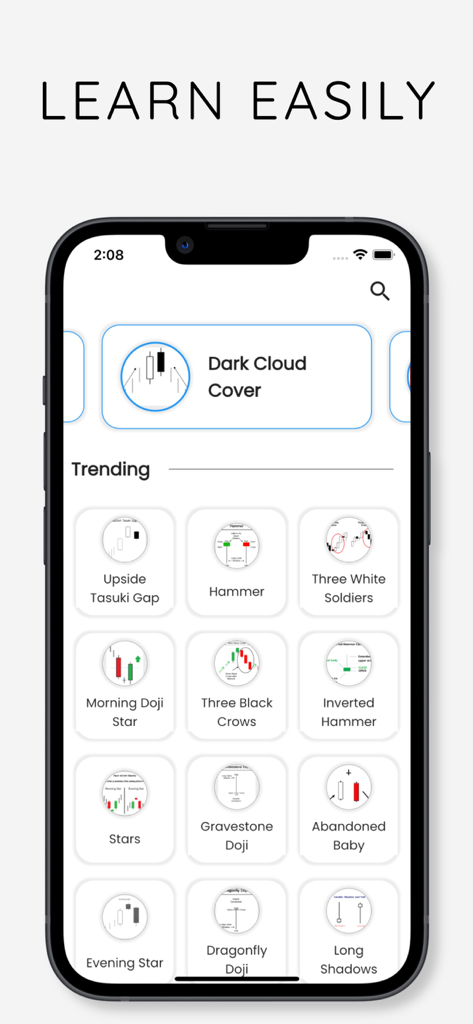 Candlestick Patterns : Learn - Mobile app screen displaying various trading candlestick patterns including Hammer and Evening Star for technical analysis education