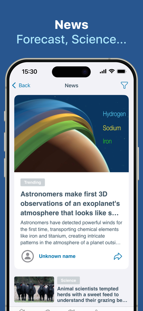 Screenshot of the Meteored weather app News section featuring science and meteorological articles