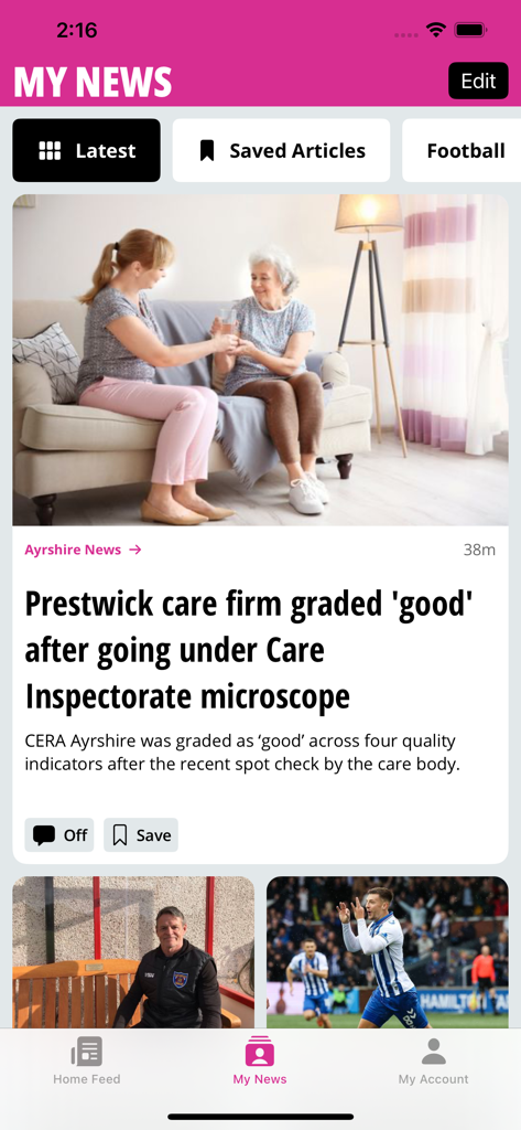 Interface of the Ayrshire Live news app displaying local community stories.