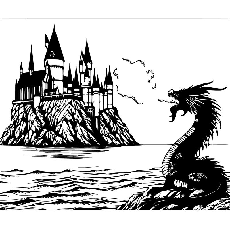 realistic harry potter castle around the ocean with a dragon breathing fire