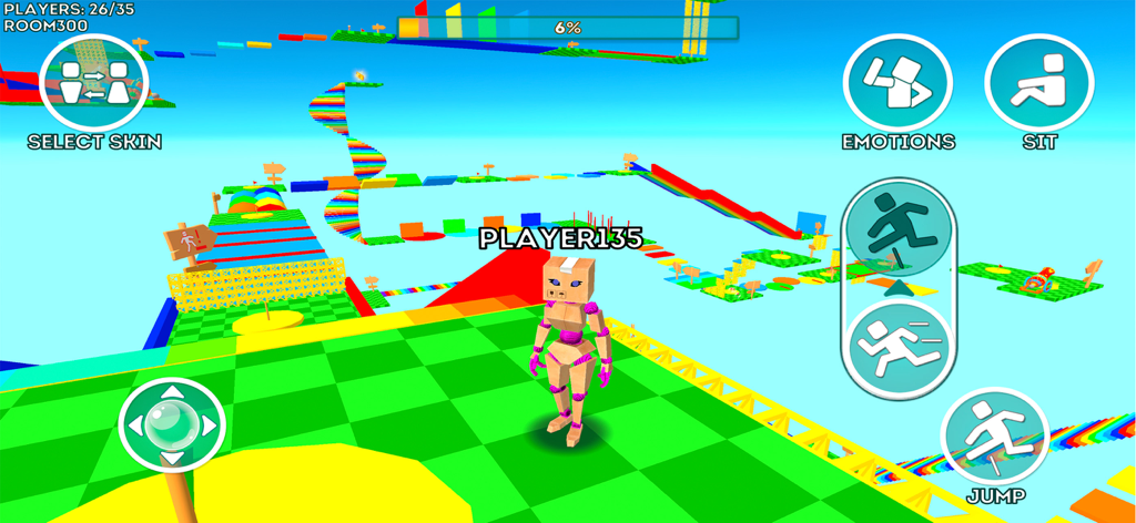 Obby Online Parkour World - A pixelated character navigates a vibrant rainbow-colored obstacle course in an online multiplayer game.