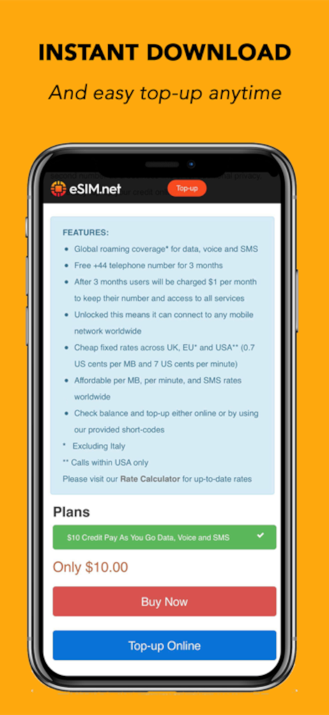 eSim.net - Pantalla de la aplicación eSim.net que muestra un plan de pago por uso de diez dólares con datos, voz y SMS