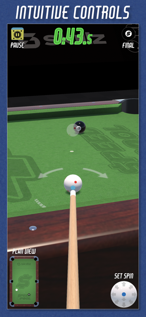 Gameplay interface of Speed Pool showing a 3D billiard table and intuitive shot controls.