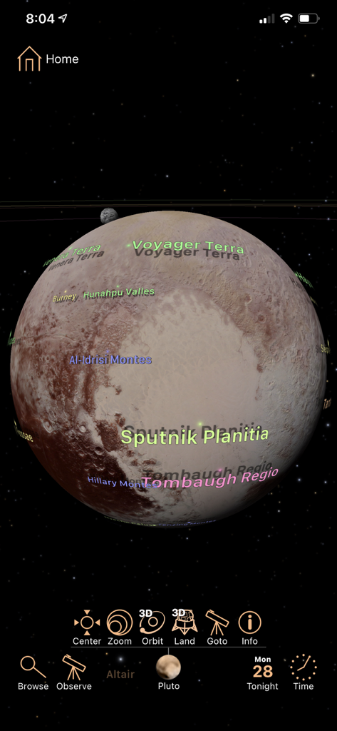 Luminos - Una mappa di superficie 3D di Plutone con etichette geologiche come Sputnik Planitia nell'app di astronomia Luminos.