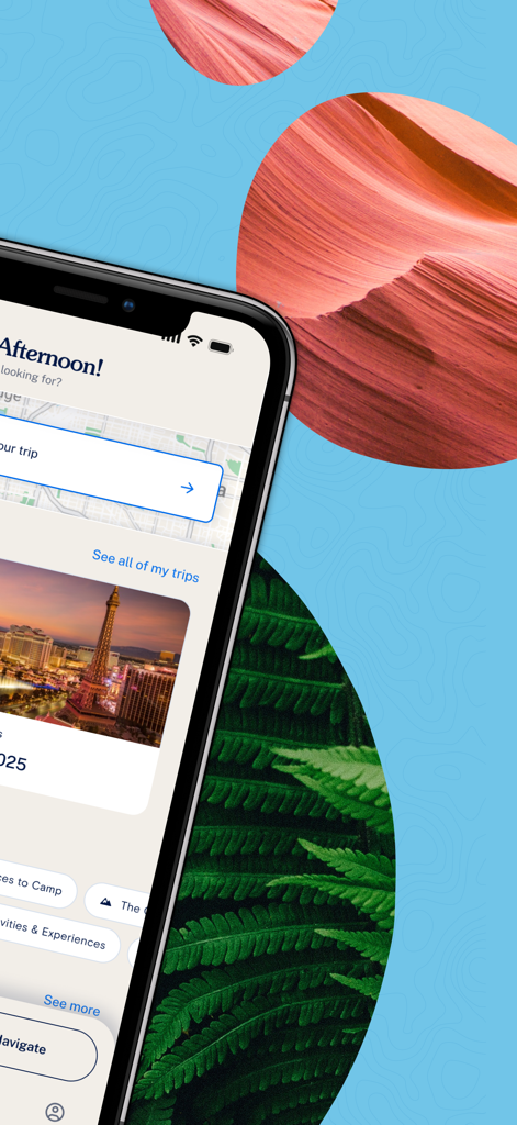 Roadtrippers app interface showing trip planning tools and travel categories like camping and outdoor activities