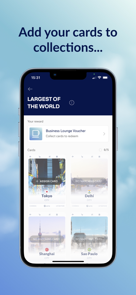 Uptrip app interface showing a collection of digital city trading cards used to earn travel rewards like lounge access