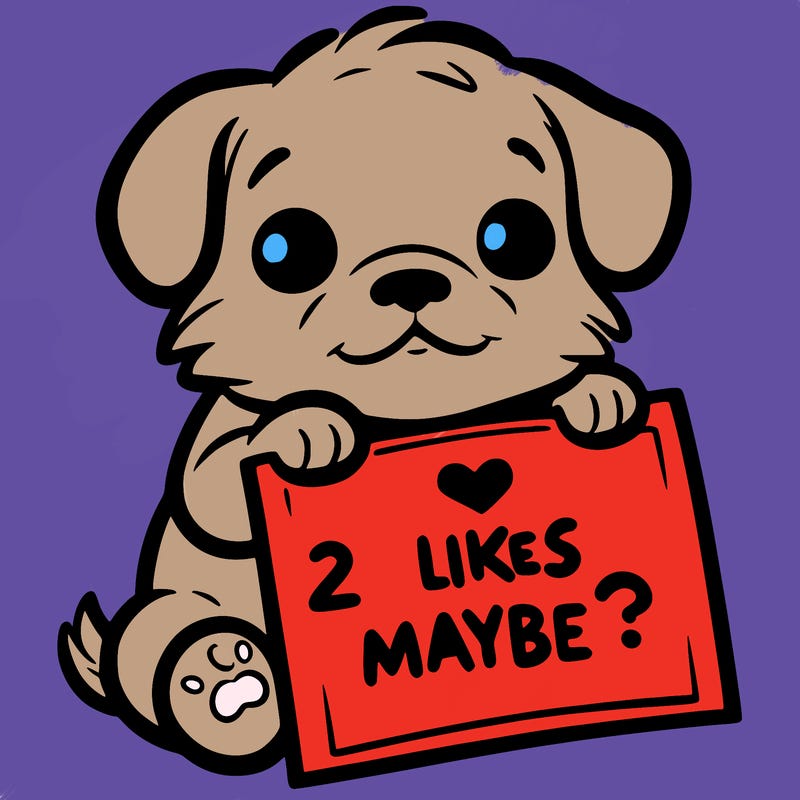 a puppy holding a sign that says 2 likes maybe?