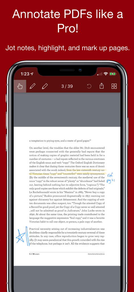 Smart PDF+ Editor - ドキュメントに手書きのメモやハイライトが表示されているSmart PDF+ エディタ