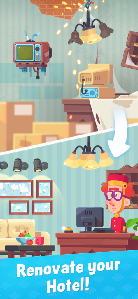 Une comparaison avant/après montrant une pièce de stockage désordonnée transformée en un hall d'hôtel propre et moderne avec un concierge.