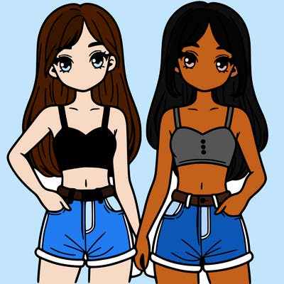 two sisters with crop tops and jean shorts and straight hair