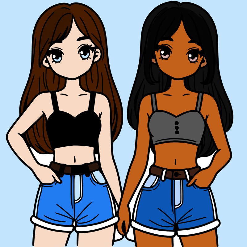 two sisters with crop tops and jean shorts and straight hair