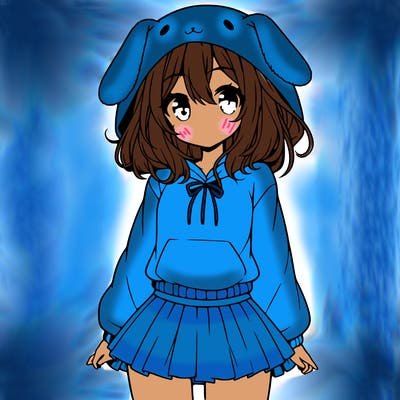 pretty anime girl wearing a fluffy hoodie with bunny ears on the hood and a skirt