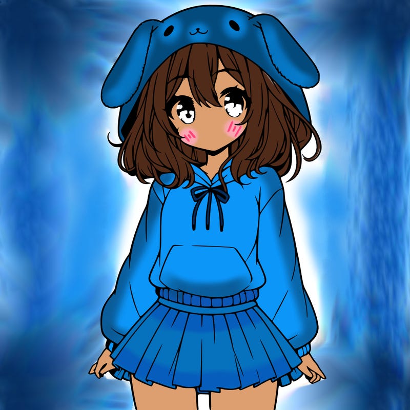 pretty anime girl wearing a fluffy hoodie with bunny ears on the hood and a skirt