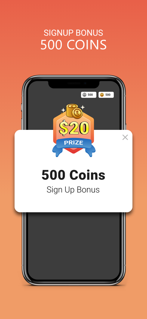 Big Sports app signup bonus screen showing 500 coins and 20 dollar prize