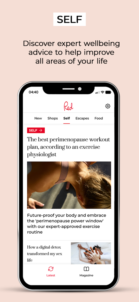 Red magazine UK - Red UK 모바일 앱에서 폐경 건강 및 웰빙에 관한 기사가 포함된 '셀프' 섹션을 보여주는 모습.