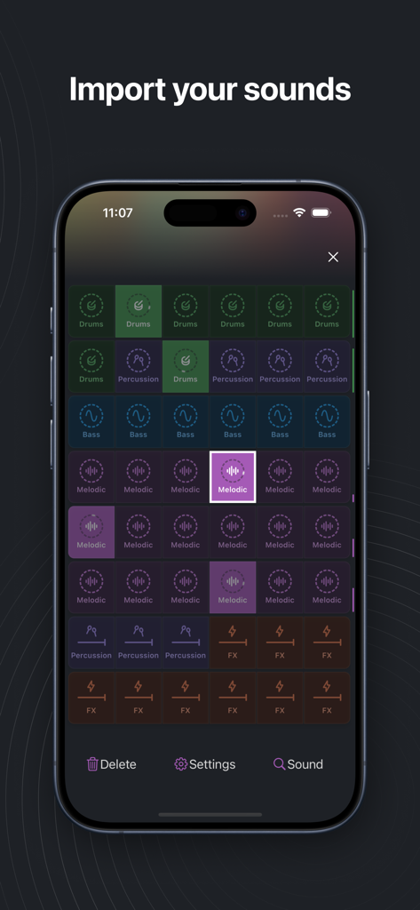 Launchpad - Music & Beat Maker - Interface of Launchpad app showing the grid for importing custom sounds and loops.