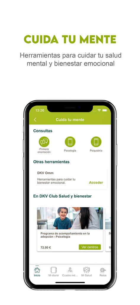 Mobile screen of the DKV Quiero cuidarme Mas app showing mental health tools and psychological consultation services.