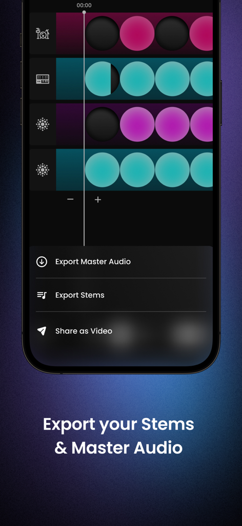 Overtune app interface showing export options for master audio, stems, and sharing as a video.