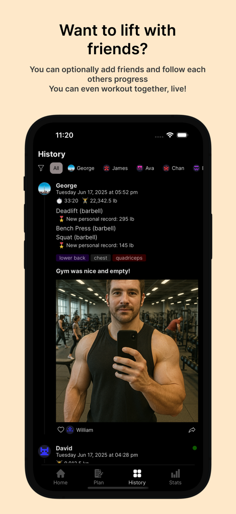 Titan Workout Tracker - Titan Workout Tracker social history feed showing a user workout summary and gym photo.