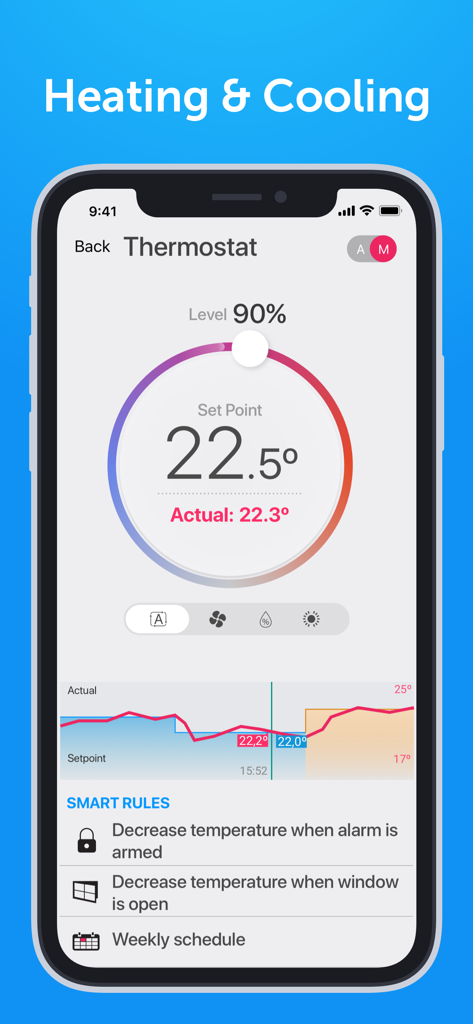 TapHome Official Smart Home - TapHome smart home app thermostat screen with heating and cooling settings and automated rules