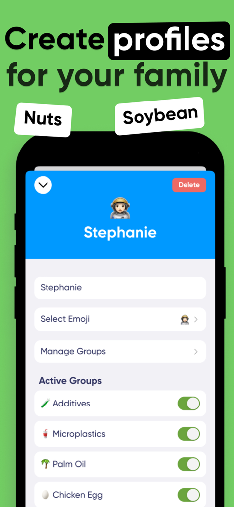 Allergy & Food Scanner, Nosher - Nosher app interface showing personalized family profile settings for food allergies and ingredient tracking