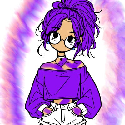 girl with a messy ponytail glasses a baggy crop top and jean shorts