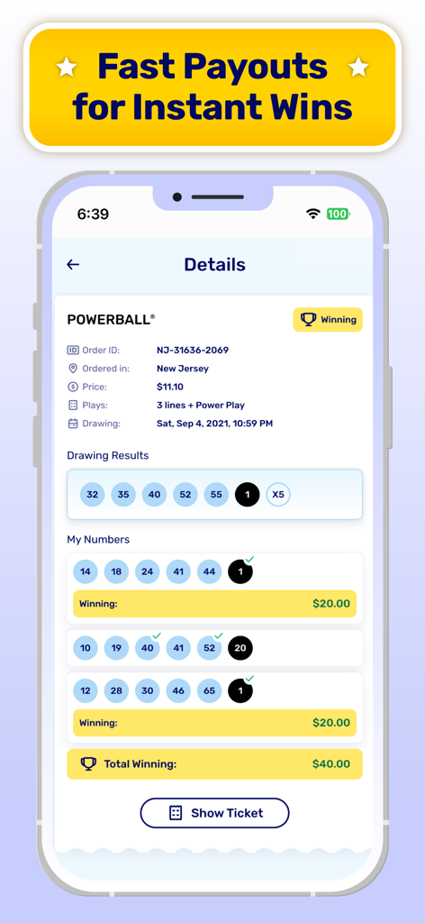 Lotto.com mobile app displaying Powerball winning numbers and total prize amount.