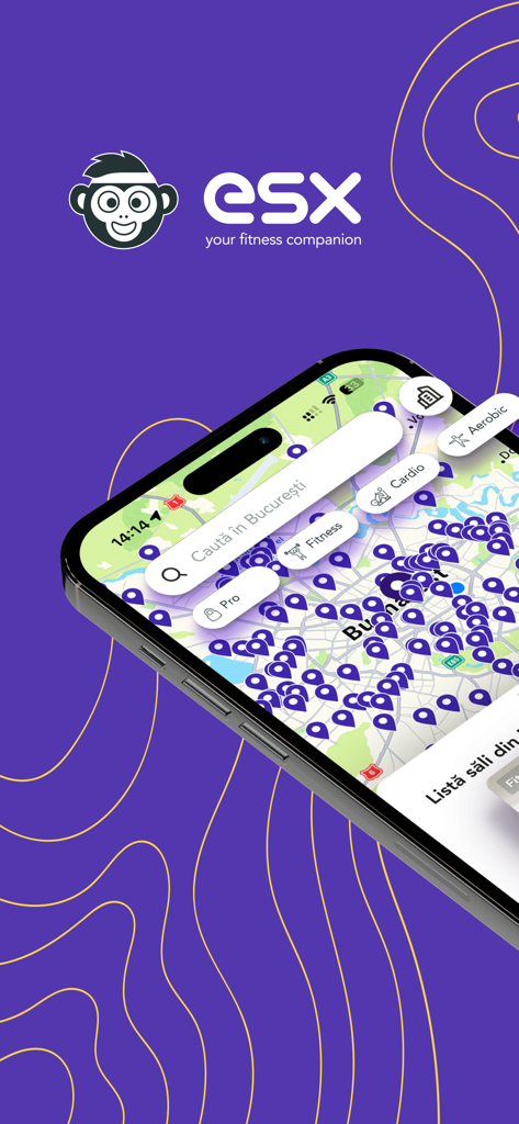 ESX fitness app interface showing a map with gym locations and category filters on a smartphone screen.