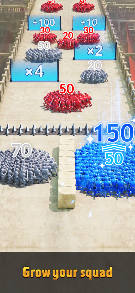 Total Battleのゲームプレイで、兵士たちが戦闘のために分隊を成長させるために乗数ゲートを通過している様子。