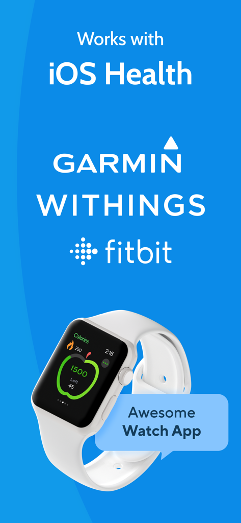 Diabetes Tracker by MyNetDiary - Apple Watch mostrando la interfaz de MyNetDiary Diabetes Tracker con integraciones listadas para iOS Health, Garmin, Withings y Fitbit
