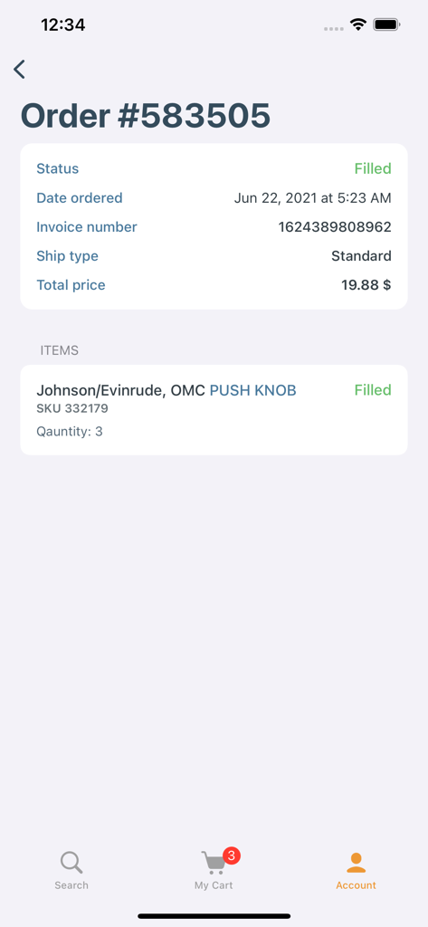 Crowley Marine - Crowley Marine app interface displaying a completed order for outboard motor push knobs