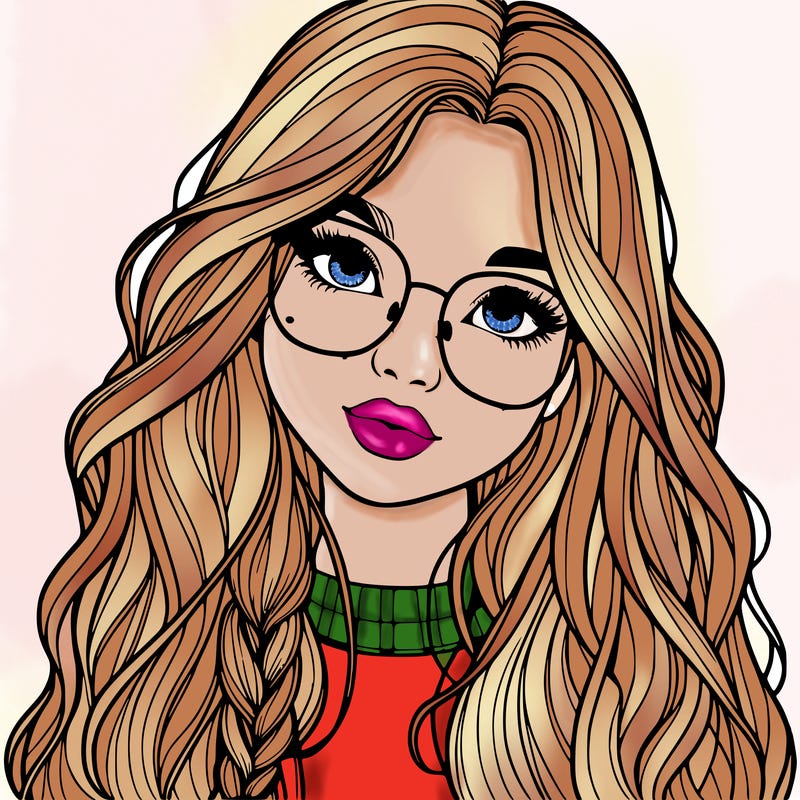 girl with long hair and freckles and glasses realistic