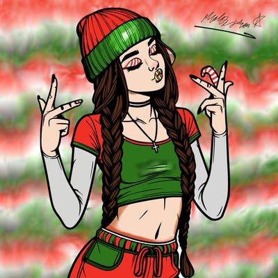 realistic teenage girl with braids and a beanie and crop top doing 🫶🏼